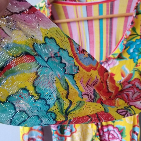 70's Long Sleeve V-Neck Yellow Floral and Striped Top Size L-XL - Picture 6 of 8